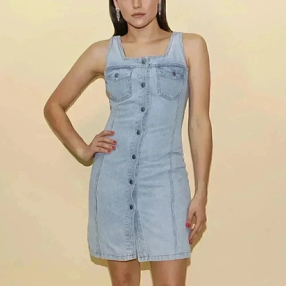 Vintage 90s Denim Tank Dress‎ Small Summer Short Jean Dress Button Down Dress